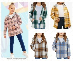 Girls Button Down Plaid Fleece Jacket with Hood and Pockets 09 09 22