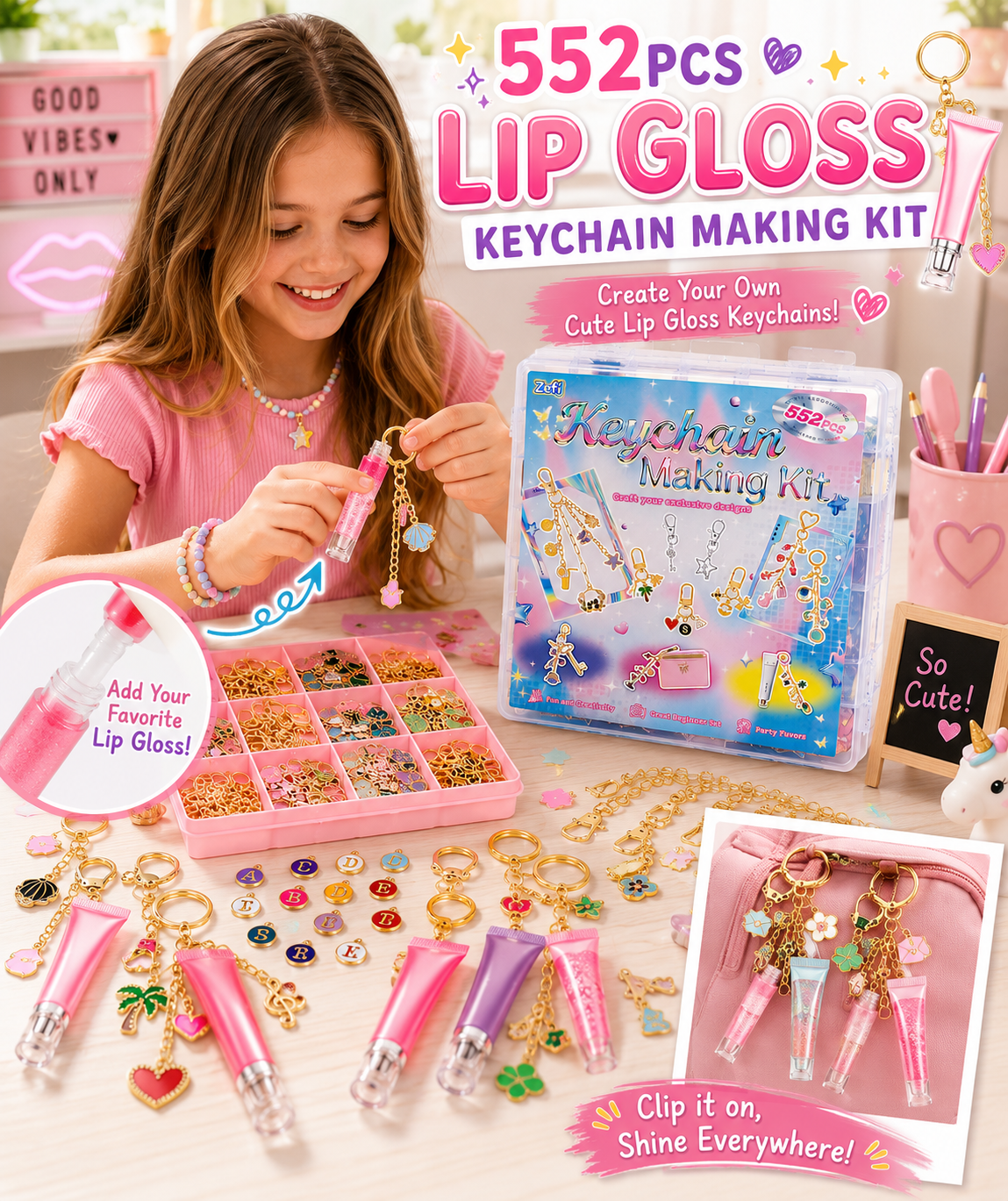 DIY charm & lip gloss keychain kit